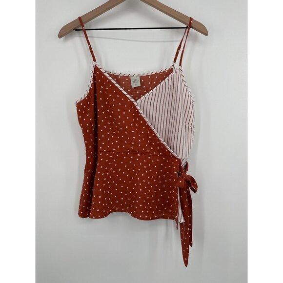 Paper Crane Tank Top Women Large Rust Side Tie Surplice Polka Dot Stripe - Picture 1 of 8